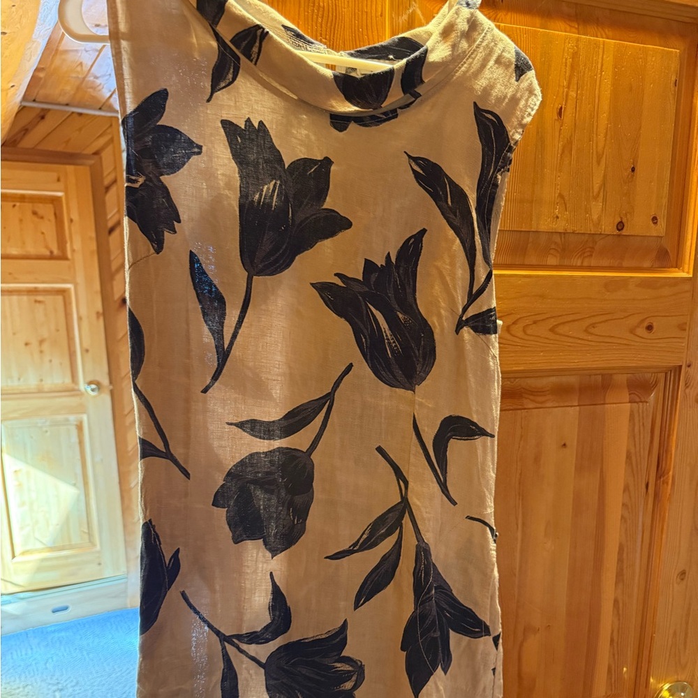 Lilla P Cream Linen Top with Navy Leaf Print